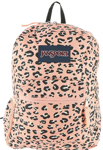 JanSport Cross Town Backpack -- Light pink base with a dark cheetah print design.
