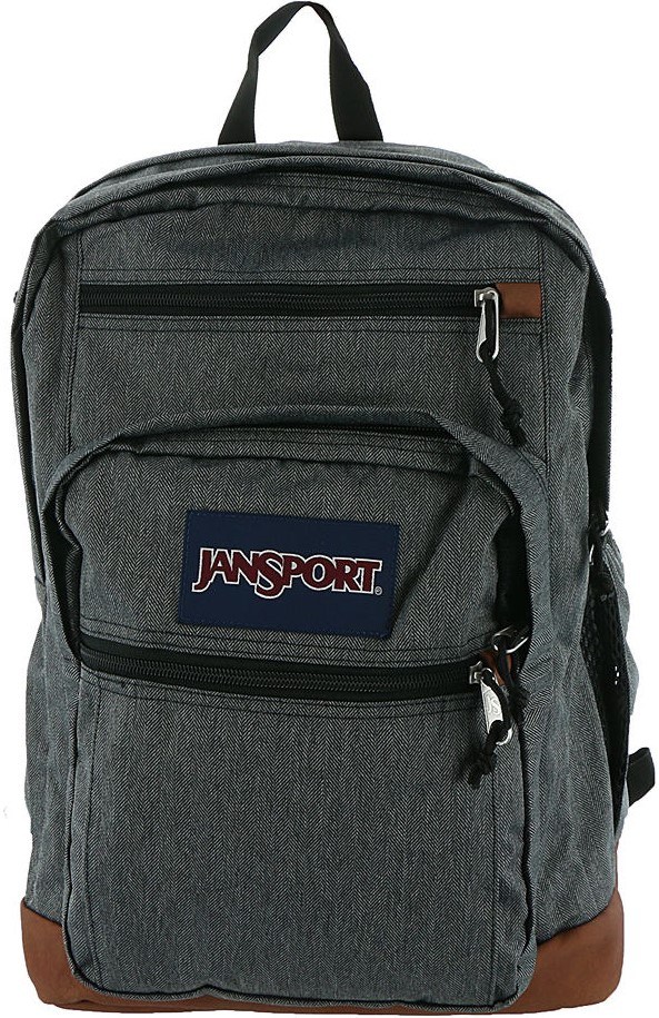 JanSport Cool Student Backpack -- Dark grey material with a brown synthetic leather bottom