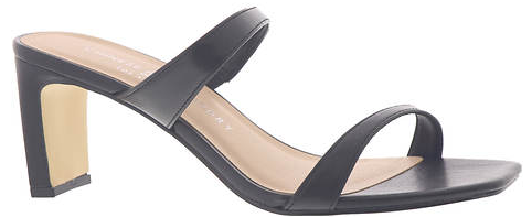 Black open toe slip-on heel with a two-banded synthetic upper