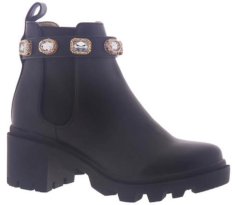 Smooth black ankle bootie with rhinestone-adorned strap detail and a 2 inch chunky heel