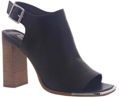 Black open toe block heel with a slingback strap and buckle closure