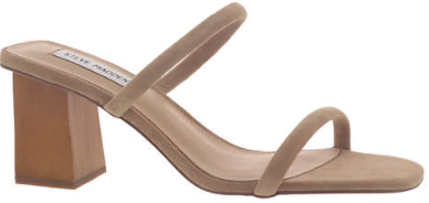 Tan open toe slip-on with a 2.5 inch angular block heel and tubular-banded synthetic suede upper