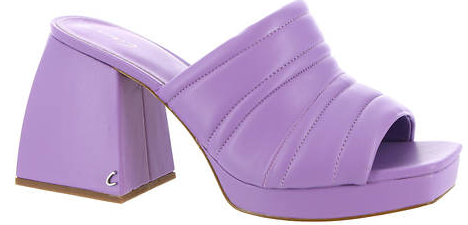 Bright purple block heel slip-on with a puffy synthetic banded upper