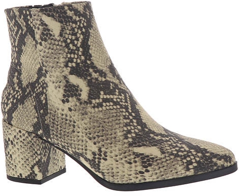 Snake print ankle bootie with a 2.5 inch block heel