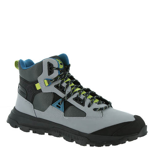 Medium grey men's hiking boot with pops of blue and lime green.